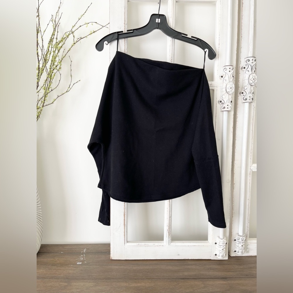 Black, Asymetric Top, Cotton, Long Sleeve, Medium